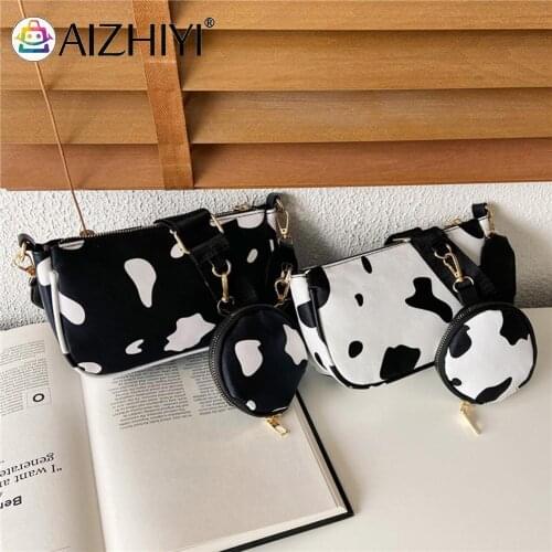 Fashion Women Cow Pattern Printing Canvas Shoulder Crossbody Messenger Bag Casual Ladies Small Round Purse 2pcs Composite Bags