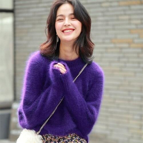 2021 Winter New Mink Cashmere Sweater Round Neck Pullover Angora Loose Temperament Purple Lazy Knitwear Woman JN931