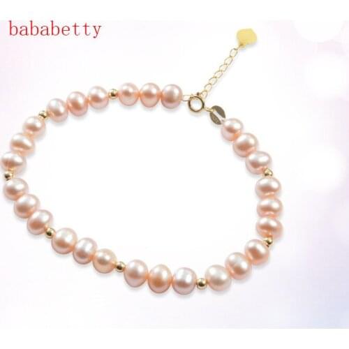 New Natural Freshwater Pearl Powder Purple white AAA 6-7MM Near Round Bracelet Tibetan silver clasp