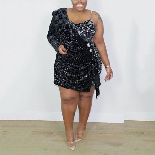 4XL 5XL Plus Size Black Sequined Dresses for Womens One Shoulder V Neck Bodycon Mini Length Elegant Evening Night Party Vestidos