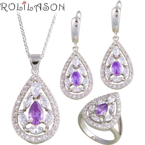 ROLILASON Engagement for Lover Purple Zircon Silver Stamped Sets Earring /Necklace/Pendant/ Rings Fashion Jewelry JS684