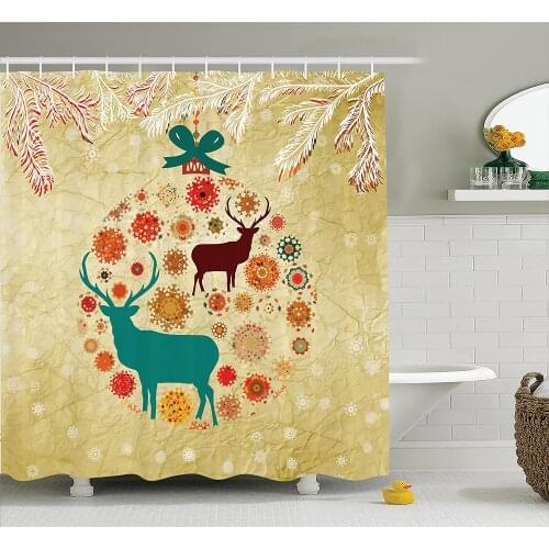 Christmas Shower Curtain Reindeer and Snowflakes in Abstract Xmas Ball Ornament Vintage Style Paper Art Bathroom Curtains