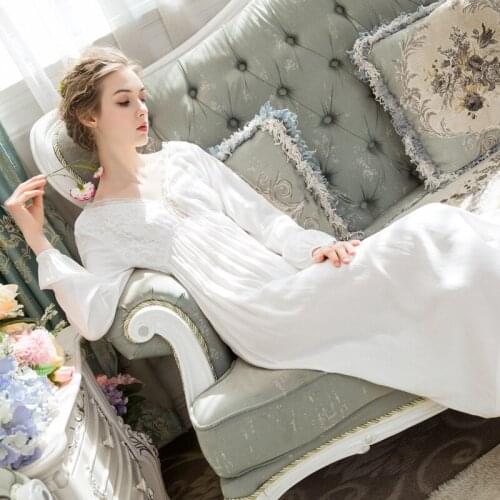 Sexy long-sleeved cotton comfortable nightdress female long skirt lace sweet princess loose home service spring and autumn