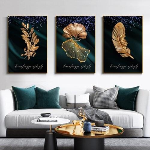 Modern Luxurious Gold Feather Leaves Abstract Canvas Painting Wall Art Print Poster Picture Living Room Fashion Home Decoration