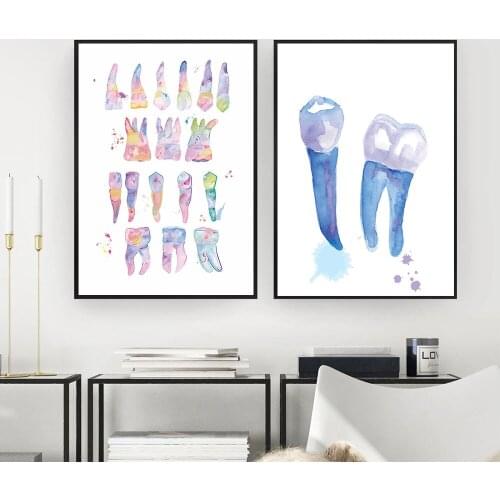 Dental Art Tooth Canvas Painting Watercolor Posters Dental Hygienist Print Teeth Gifts Wall Art Pictures For Room Clinic Decor