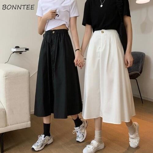 Skirts Women Basic Summer Fashion All-match Solid Empire Womens Mid-Calf Skirt Elastic Waist Black Classic Korean Femme Clothes
