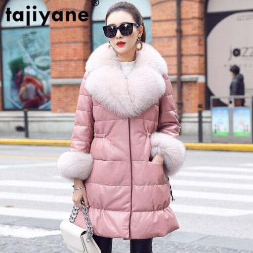 Jacket Leather Genuine Women Winter Duck Down Jacket Female Natural Fox Fur Collar Real Leather Coat Vintage Sheepskin Coat 7209