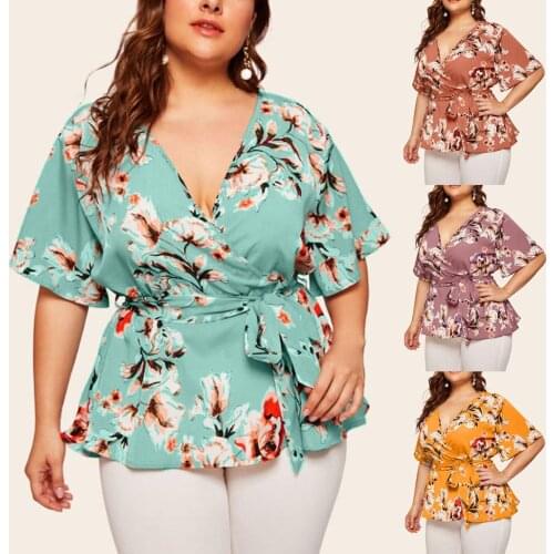 Oversize L-5xl Womens Short Sleeve Shirt Fashion Colorful Print V-neck Waist Loose Casual Top Ol Commuter Lace Up Pullo
