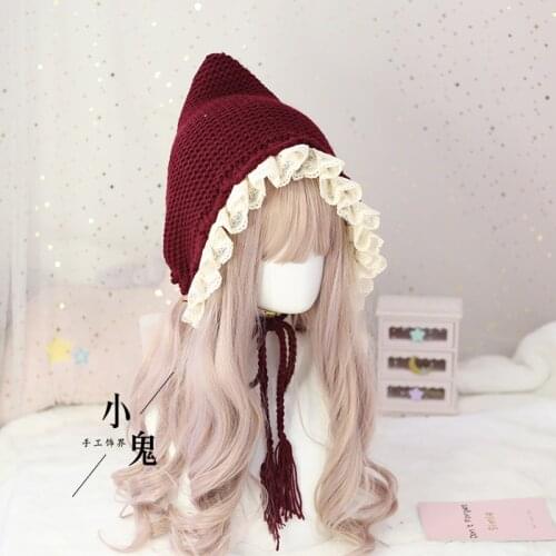Womens Kawaii Lace Tassel Bandage Woolen Hat Sweet Lolita Winter Earmuff Knitted Hat Korean Mori Girl Warm Knitting Cap