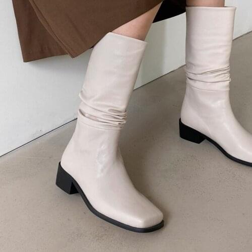 Women Ankle Boots Leather Plus Size Women Shoes Europe and America Square Head Chunky Heel Middle Tube Boots Woman Size 33-42