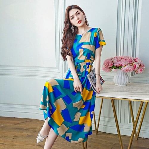 Womens Floral Print Midi Beach Dress Casual O Neck Short Sleeve Belt Loose Summer Dress Female Plus Size Swing Bohemia Sundress