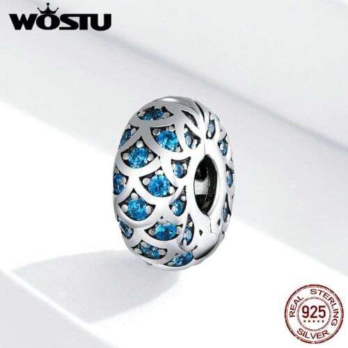 WOSTU 925 Sterling Silver Blue Elegance Bead Charm Fit Pandora Bracelets Original Pendant Charms Gift DIY Women Jewelry Making