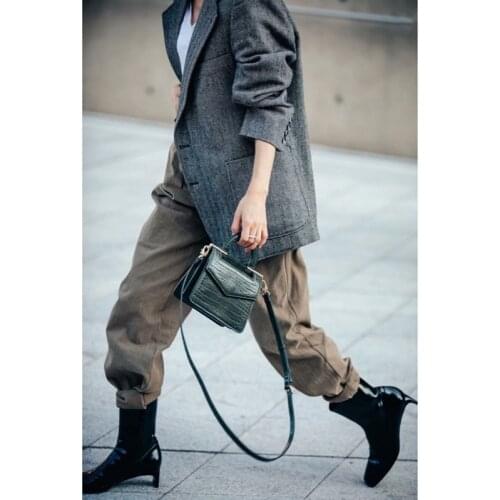 Elbow Fashion 11.12High End Genuine Leather Patchwork Design Wool Blazer Coat Women Vintage Temperament Twill Outerwear