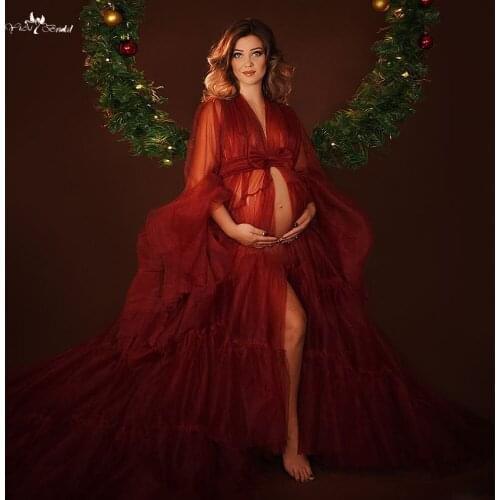 LZY018 Burgundy Red Tulle Maternity Dress For Photography Ruffled Sheer Mesh Bridal Robes Women Photo Shoot Custom Made