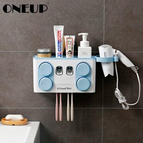 ONEUP Automatic Toothpaste Dispenser With Suction Cup Toothbrush Holder Wall Mount Stand Shelf Organizer Bathroom Accessories
