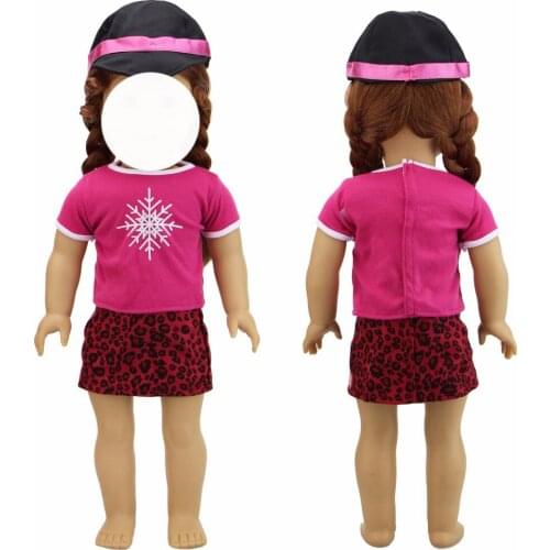 Handmade Basic Shirt Pink Snowflake Blouse Leopard Mini Dress Skirt + Black Jockey Cap Clothes for 45 cm Girl Doll 18" Toys