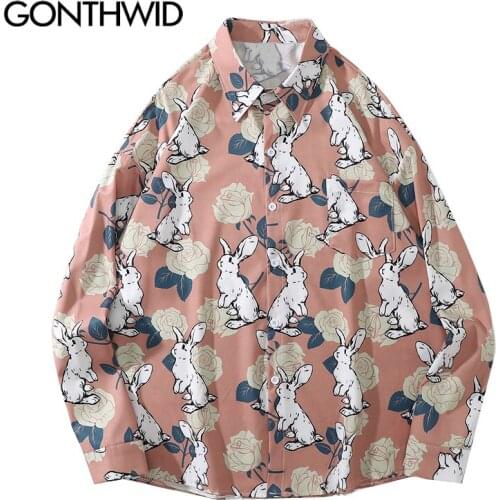 GONTHWID Shirts Streetwear Animal Cartoon Rabbit Flowers Print Blouse Shirt Harajuku Hip Hop Fashion Casual Long Sleeve Tops