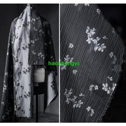Black and white cherry blossom jacquard cotton and linen cloth on both sides, pleated texture literary designer clothing fabric