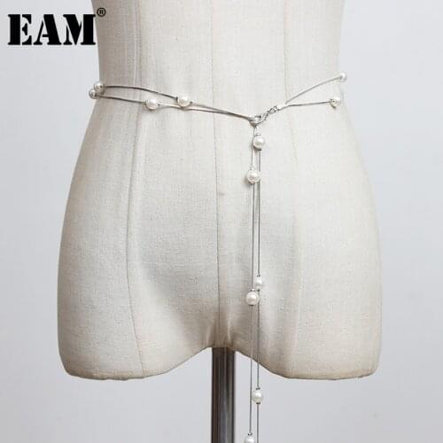 [EAM] Pu Leather Pearl Split Metal Chain Long Belt Personality Women New Fashion Tide All-match Spring Autumn 2021 1DD0193