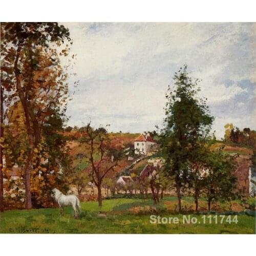 Handmade Oil Painting Landscape With A White Horse In A Field L Ermitage by Camille Pissarro decorative art High quality