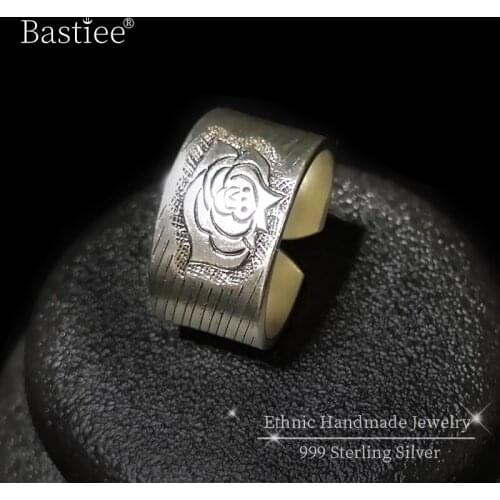 Peony Flower 9999 Sterling Silver Rings For Women Bohemian Vintage Ring Adjustable Handmade Luxury Jewelry Ethnic Miao Silver
