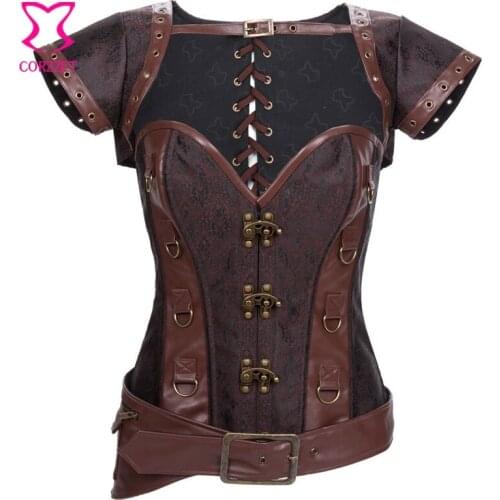Brown Brocade Leather Corsetto Steampunk Corset Top Gothic Clothing Corselet Ovebust Plus Size Corsets And Bustiers Sexy 6XL