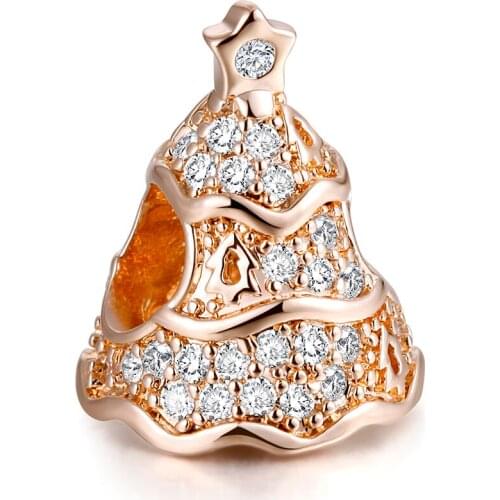 Fashion Jewelry Twinkling Christmas Tree Charm Rose Gold Beads Fit Silver Charm Bracelet for Women DIY Jewelry Making