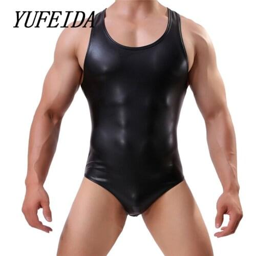 Men Sexy Bodysuit Faux Leather Latex Erotic Jumpsuit Club Stage Costume PU Leather Gays Sex Lingerie One-Piece Bodysuit Clubwear