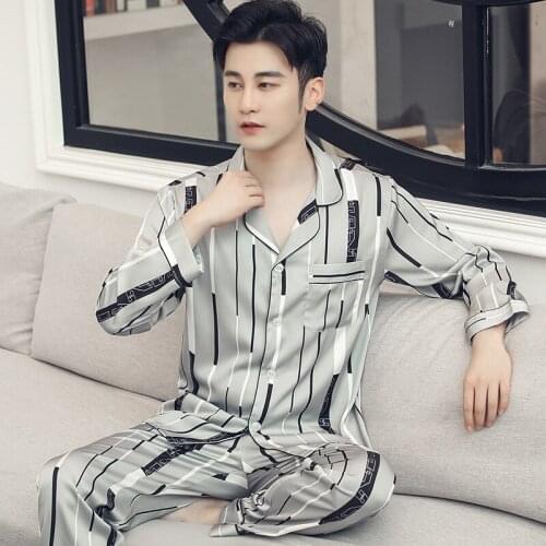 Night Pajamas for Men Satin Pyjama Set Silk ASleeping Suit Autumn Spring Homewear Clothes Printed Longe Pants Nightgown 2021 new
