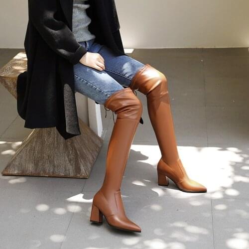 Autumn 2020 Europe and the United States pure color sexy pointed thin thick heel over knee boots large high heel white boots