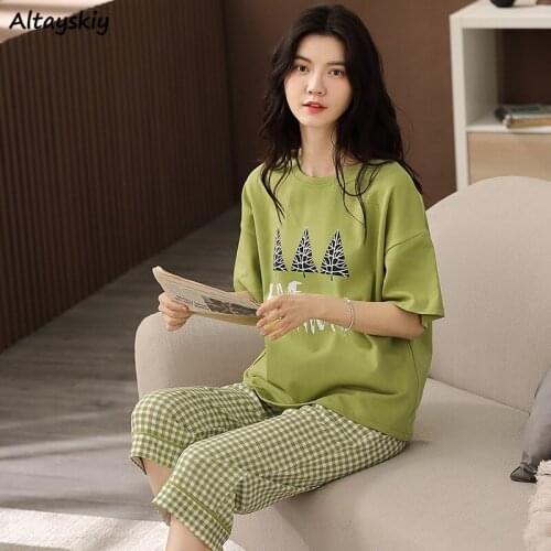 Pajama Sets Women Round Neck Print Casual Korean Style Calf-length Feminine Sleepwear Mujer De Moda Cozy Ulzzang All Match Daily