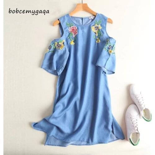 Summer Off Shoulder Embroidery Denim Dress Women O Neck Short Sleeve Light Blue Soft Jeans Dress Cotton vestidos beach dress