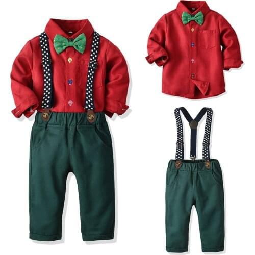 Christmas Formal Boys Clothing Suits Autumn Fall Spring Boy Baby Polka Dot Bowknot Shirt Suspender Pants Clothes Party Outfits