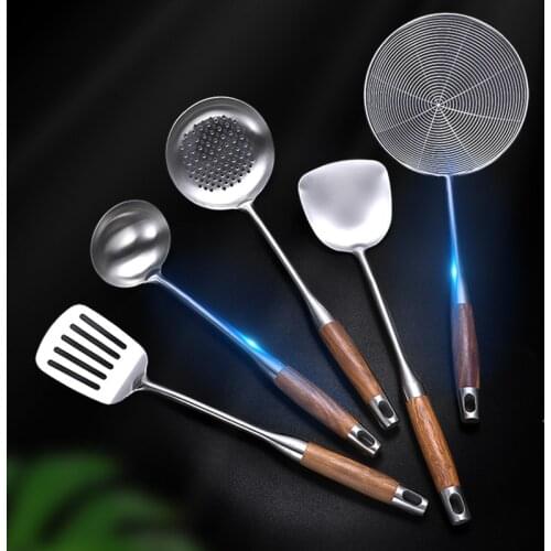 304 Stainless Steel Wood Handle Wide Fried Fish Spatulas Steak Shovel Fish Turner Slotted Beveled Kitchen Cooking Utensils