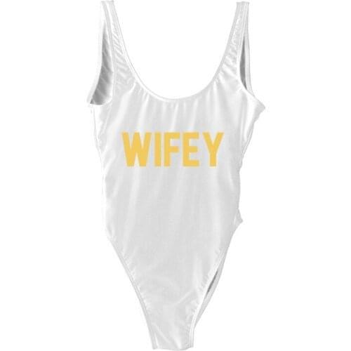 WIFEY Letter Print One Piece Swimsuit Swimwear Women Summer Beachwear Sexy Bodysuit High Cut Bathing Suit maio feminino praia