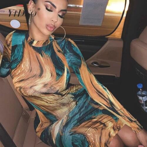 YiDuo Tie Dye Party Dresses Women O-Neck Printing Long Sleeve Midi Dress Autumn 2019 Ladies Bodycon Vintage Dress Office OL