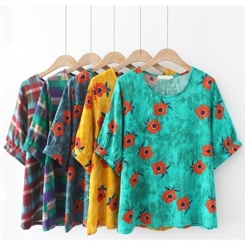 Plus Size Tops O-Neck Short Sleeves Shirt Cotton Looser Comfort Printing Tops Large Size Under 220 Pounds For Fatwomen In Summer