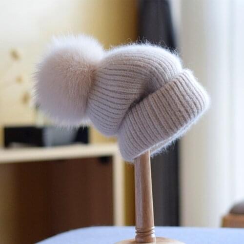 Hat Women Winter Angora Knit Real Fur Pompom Beanie Autumn Warm Skiing Accessory For Girl Teenagers Outdoors Luxury