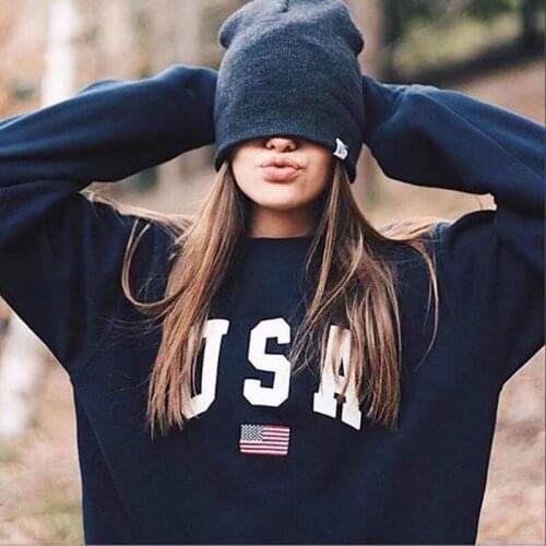 Letter USA Printed Women Hoodies Sweatshirts Long Sleeve Casual Kawaii Harajuku Sweat Jumper European Tops 2020 Autumn New Push