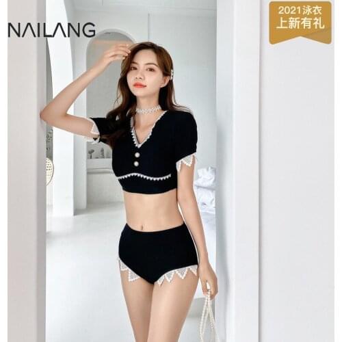Saida De Praia Female 2021 Women Bathing Suit Swimsuit Two Piece Korean Swimwear Bikini Lace Black White Colours Split Sexy