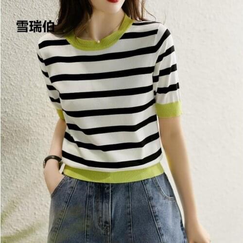 Womens 2021 summer and autumn half sleeve color contrast stripe ice silk sweater short sleeve T-shirt womens top fashion