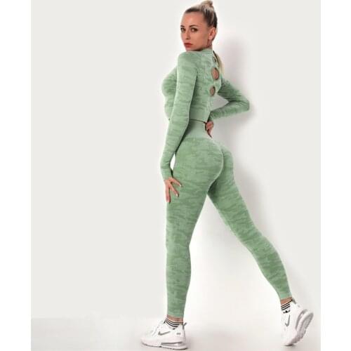 BlackArachnia Women Camo Knitted Yoga Sets 2 Pcs Long Sleeve T-Shirts+High Waist Leggings Energy Seamless Gym Suit Fitness Sets