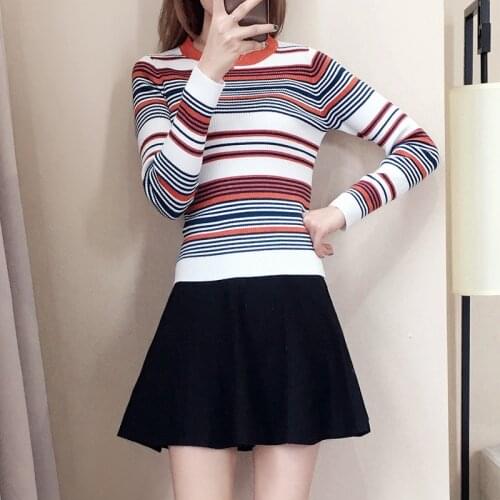 Knitted 2 Pieces Set Women Stripe Pullovers Sweater Crop Tops & Short Skirts Bodycon Lady 2PCS Suits Sets 2021 Autumn Winter