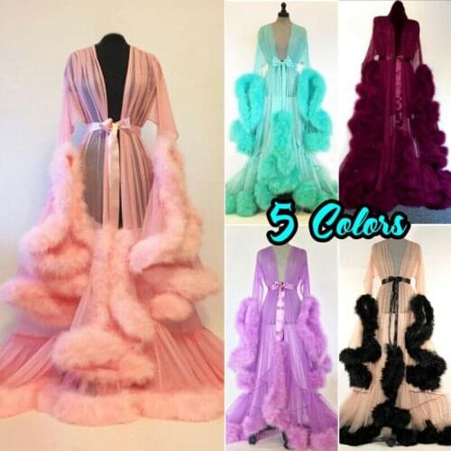 Fashion Fluffy Imitation Fur Mesh See Through Sleepwear Long Dress Women Sexy Deep V Neck Long Sleeve Nightwear Dress Vestidos