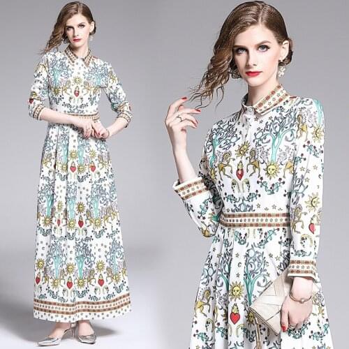 New Spring Summer Fall Runway Vintage Floral Print Collar Long Sleeve Empire Waist Women Ladies Party Casual A-Line Maxi Dress