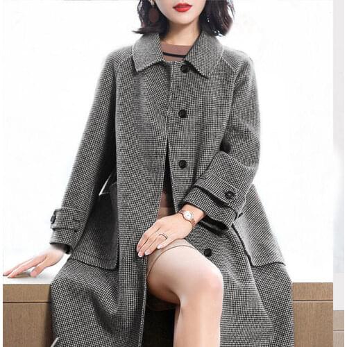 2020 Popular Plaid Woolen Coat Womens Houndstooth Mid-Long Over The Knee New A Version Pocket Loose Wool Vercoat Women Clothes