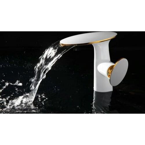 GOLD white Clour bathroom basin sink waterfall faucet mixer tap New deck mounted Oval mushroom design faucet