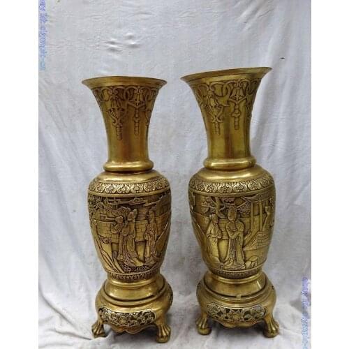 20" China brass copper carved finely pavilions garden belle Vases pair Statue