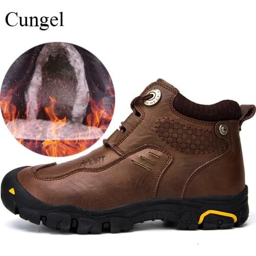 Cungel Winter shoes men Outdoor Trekking Hiking boots Keep warm plush Wear-resistant Leather boots Mountain climbing shoes