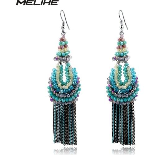 MELIHE Blue Tassel Long Drop Earrings Women Ethnic Resin Bohemian Earrings Fashion Jewelry Brincos Drop Shipping SER160030